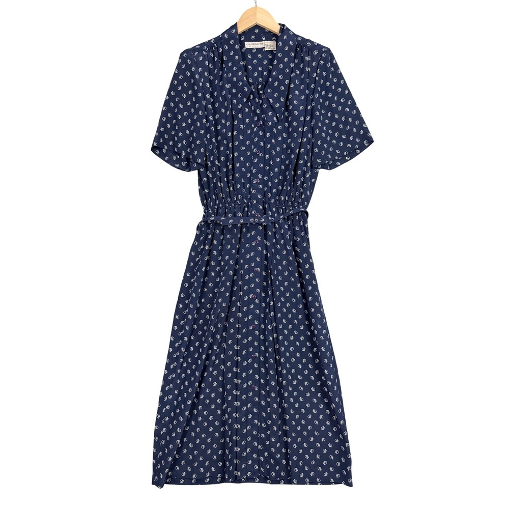Vintage 80s 90s Liz Claiborne Dress Womens 12 Navy Blue Midi Button Front Belted